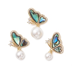 Золотой 3шт. 3 размеры подвесок из натуральной раковины пауа с круглыми белыми жемчужинами из раковины, Подвески в виде бабочек с фурнитурой из прозрачного кубического циркония, инкрустированной латунью методом микропаве., золотые, 24.5~28x17~17.5x6~10 мм, отверстие : 4x2.5 мм, 1 шт / размер