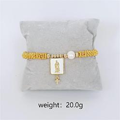 Virgin Прямоугольные браслеты с подвесками из латуни в стиле бохо, круглые бусины эластичные браслеты для женщин, с жемчугом и эмалью, золотые, девственница, внутренний диаметр: 2-3/8 дюйм (6 см)