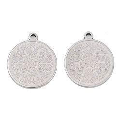 Stainless Steel Color 304 Stainless Steel Pendants, Flat Round with Flower Pattern Charms, Stainless Steel Color, 25x21.5x2mm, Hole: 2mm