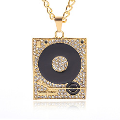 Golden Alloy Crystal Rhinestone Enamel Turntable Pendant Necklaces for Unisex, Black, Golden, 23.62 inch(60cm)