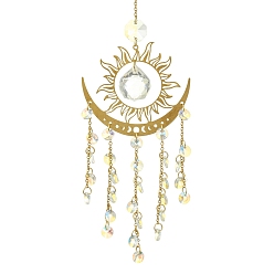Clear Brass & 304 Stainless Steel Sun Moon Suncatchers, Glass Flat Round Charm for Outdoor Garden Wall Hanging Decor, Clear, 320mm