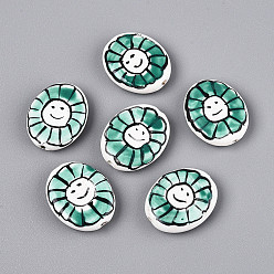 Кадет Синий Фарфоровые бусины ручной работы, пастельный фарфор, овальный и цветок, кадетский синий, 19.5~20x16x5~6 мм, отверстие : 1.6~2 мм