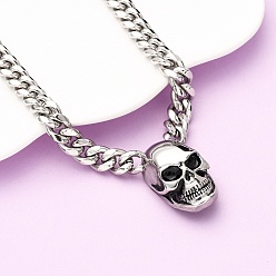 Античный Серебристый & Цвет Нержавеющей Стали 304 кулон из нержавеющей стали с черепом, кубинские звенья цепи ожерелья, старинное серебро и цвет нержавеющей стали, 23.78 дюйм (60.4 см)