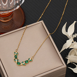 Verde Collares con colgante en forma de hoja en V con circonitas cúbicas y pavé de latón para mujer, dorado, verde, 15.75 pulgada (40 cm)
