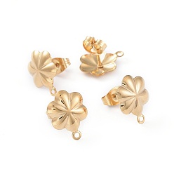 Golden 201 Stainless Steel Stud Earring Findings, with Ear Nuts/Earring Backs and Loop, Long-Lasting Plated, Flower, Golden, 13.5x10mm, Hole: 1mm, Pin: 0.8mm