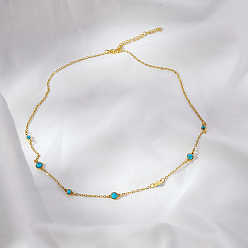 Golden Vintage Synthetic Blue Turquoise 304 Stainless Steel Flat Round Link Chain Necklaces for Women, Golden, 16.54 inch(42cm)