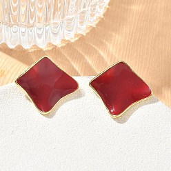 Roja Pendientes de botón de latón esmaltado para mujer, rombo, larga duración plateado, chapado en rack, sin plomo y el cadmio, dorado, rojo, 20x22 mm