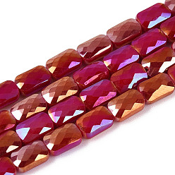 Малиновый Гальванизировать непрозрачные сплошной цвет стеклянные бусы пряди, с покрытием AB цвета, граненые, прямоугольные, малиновый, 7x4x3 мм, отверстие : 1 мм, около 79~80 шт / нитка, 20.47 дюйм (52 см)