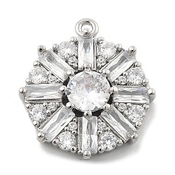 Платина Латунные микропаве прозрачные подвески с фианитом, плоские круглые прелести, стойки покрытие, долговечный, без свинца и без кадмия, платина, 21x18.5x4.5 мм, отверстие : 1.4 мм