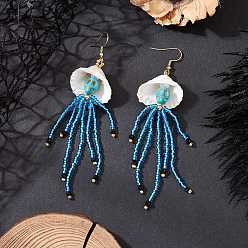 Синий 304 серьги-подвески из нержавеющей стали с синтетической бирюзой, натуральным черным ониксом и стеклянными бусинами, форма раковины с черепом, золотые, синие, 114x27.5 мм