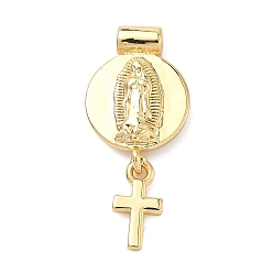 Virgin Религия латунные подвески, плоские круглые с поперечными прелести, долговечный, без кадмия и без свинца, реальный 18 k позолоченный, девственница, 25.5~26x11.5~12x3~3.5 мм, отверстие : 1.2 мм