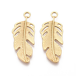 Настоящее золото 18K 304 из нержавеющей стали перо подвески, ионное покрытие (ip), реальный 18 k позолоченный, 38x15x2 мм, отверстие : 3 мм