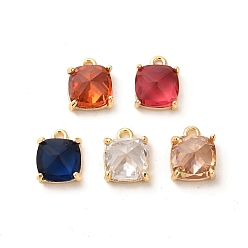 Real 18K Gold Plated Glass Charms, with Brass Findings, Square Charm, Real 18K Gold Plated, 9x7x5mm, Hole: 1mm