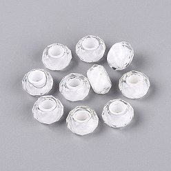 Blanco Granos de la resina europeos, abalorios de grande agujero, Rondana plana, facetados, blanco, 13.5~14x7.5~8 mm, agujero: 5.5~6 mm