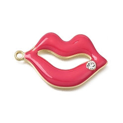 Hot Pink Alloy Enamel Pendants, with Rhinestone, Lip Charms, Rack Plating, Lead Free & Cadmium Free & Nickel Free, Golden, Hot Pink, 22.5x36x4mm, Hole: 2mm