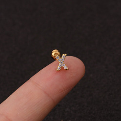 Letter X 316l серьги для хряща из хирургической нержавеющей стали с микропаве из прозрачного кубического циркония, золотые, Письмо X, 6 мм, штифты : 1.2 мм