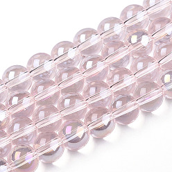 Misty Rose Electroplate Transparent Glass Beads Strands, AB Color Plated, Round, Misty Rose, 8~8.5mm, Hole: 1.5mm, about 51~53pcs/strand, 14.96 inch~15.55 inch(38~39.7cm)