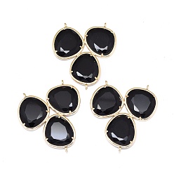 Black Glass Chandelier Component Links, 3 Loop Connectors, with Brass Findings, Faceted, Golden, Black, 38~38.5x35x4mm, Hole: 1.2mm