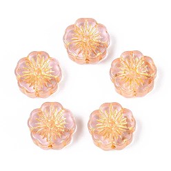 Розовый Прозрачные стеклянные бусины, цветок, золотой металл обвитыми, туманная роза, 14~14.5x5.5~6 мм, отверстие : 1~1.2 мм