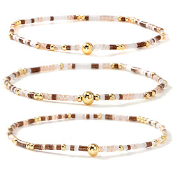 Saddle Brown Boho Round Brass and Glass Seed Beaded Stretch Stackable Bracelet Sets, Golden, Saddle Brown, 6.50 inch(16.5cm), 3pcs/set