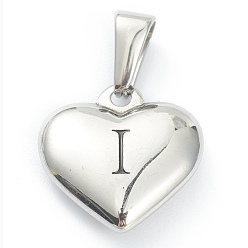 Letter I 304 Stainless Steel Pendants, Heart with Black Letter, Stainless Steel Color, Letter.I, 16x16x4.5mm, Hole: 7x3mm