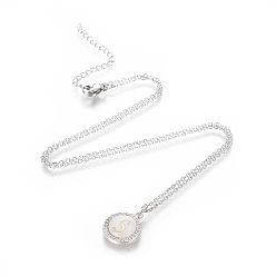 Letter S Brass Initial Pendant Necklaces, with Shell, Cubic Zirconia and 304 Stainless Steel Cable Chains, Flat Round with Letter, Letter.S, 17.5 inch(44.5cm), 1.5mm