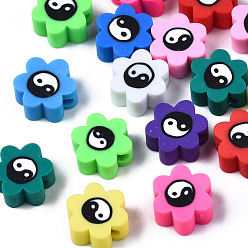 Gemischte Farbe Manuell Polymer Ton Perlen, für DIY Schmuck Bastelbedarf, Blume mit Yin-Yang, Gemischte Farbe, 8~9x7.5~8.5x4~4.5 mm, Bohrung: 1.6~1.8 mm