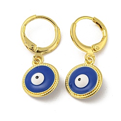 Blue Golden Brass Dangle Leverback Earrings, with Enamel, Evil Eye, Blue, 26.5x11mm