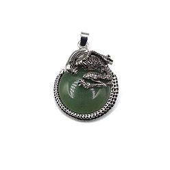 Green Aventurine Natural Green Aventurine Pendants, with Antique Silver Alloy Finding, Flat Round with Skull Charms, 40x35mm