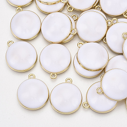 White Alloy Pendants, with Enamel, Flat Round, Light Gold, White, 21x18x6mm, Hole: 1.8mm