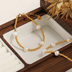 Золотой Французский винтажный стиль 304 браслеты из круглых бусин из нержавеющей стали, браслеты из пресноводного жемчуга для женщин, золотые