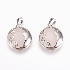 Розовый Кварц Природного розового кварца подвески, с латунной фурнитурой , плоские круглые со звездой, платина, 27x23x6.5 мм, отверстие : 5x8 мм