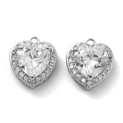 Платинированный Латунные микропаве прозрачные подвески с фианитом, без кадмия, без никеля и без свинца, со стеклом, сердце, Реальная платина, 13x11x5.5 мм, отверстие : 1.2 мм