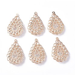 Light Gold Rack Plating Iron Glass Pendants, Light Gold Tone Teardrop Charms, Light Gold, 39x25x7mm, Hole: 1.4mm