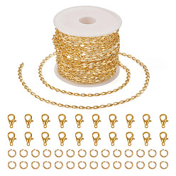 Настоящее золото 18K Набор для изготовления браслета-цепочки своими руками, включая латунные цепи и соединительные кольца из нержавеющей стали, Сплав застежками когтя омара, реальный 18 k позолоченный, цепь: 5 м / комплект
