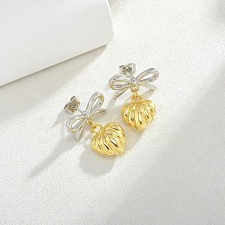 Платиновый & Золотой Двухцветные латунные серьги-гвоздики с подвесками, бантом с сердцем, платиной и золотом, 30x22 мм
