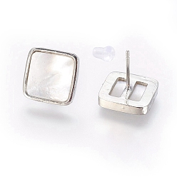 Platinum Brass Stud Earrings, with Shell and Ear Nuts, Square, Platinum, 12x12x2.5mm, Pin: 1.1mm