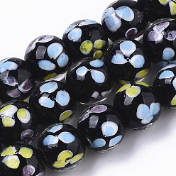 Черный Бусы лэмпворк ручной работы, со цветком внутри , круглые, чёрные, 12~13x10.5~12 мм, отверстие : 1.2 мм, около 45 шт / нитка, 19.29 дюйм ~ 19.69 дюйм
