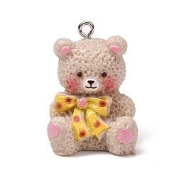 Gray Opaque Resin Pendants, Teddy Bear with Bowknot Charms, with Platinum Iron Loops, Gray, 29x21x22mm, Hole: 2mm