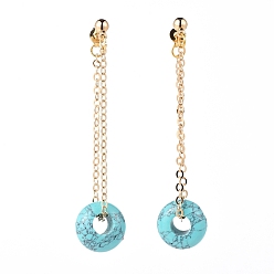 Synthetic Turquoise Synthetic Turquoise Dangle Stud Earrings, with Brass Stud Earring Findings, Brass Cable Chains and Ear Nuts, Rondelle, 60mm, Pin: 0.8mm