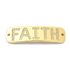 Plaqué 18K Or Véritable Support de placage en laiton, micro pavé, zircone cubique transparente, connecteur rectangulaire incurvé, breloques, liens de foi en mots, plaqué longue durée, sans plomb et sans cadmium, réel 18 k plaqué or, 47.5x14x2mm, Trou: 1.8mm