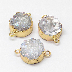 Светло-серый Гальванические соединители из натурального и окрашенного агата друзы, с латунной фурнитурой золотого цвета, плоско-круглые, светло-серый, 16~18x10~10.5x6~7 мм, отверстие : 2 мм