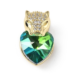 Lime Real 18K Gold Plated Rack Plating Brass Micro Pave Clear Cubic Zirconia Pendants, with Glass, Long-Lasting Plated, Cadmium Free & Lead Free, Leopard with Heart Charm, Lime, 20x12x10.5mm, Hole: 5x4mm