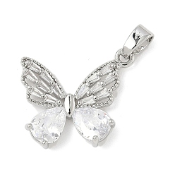 Платина Латунные микро проложить кубического циркония подвески, бабочка, стойки покрытие, долговечный, без кадмия и без свинца, платина, 18x21x4 мм, отверстие : 3x6 мм