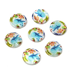 Whale Плоские круглые бусины из натуральных пресноводных ракушек с принтом в виде морских волн, кит, 15.5x3~3.5 мм, отверстие : 0.8 мм