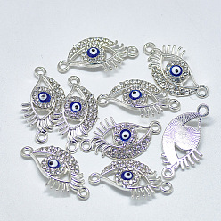 Silver Alloy Links, with Crystal Rhinestone and Blue Enamel, Evil Eye, Silver Color Plated, 25x13.5x4mm, Hole: 1.6mm