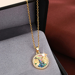 Géminis Collares con colgante de disco de signo zodiacal de concha de abulón natural iridiscente de latón con circonita cúbica transparente para mujer, dorado, Géminis, 15.75 pulgada (40 cm)