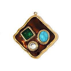 Настоящее золото 18K 304 кубический стальные подвески из нержавеющей диоксида циркония, ромб прелести, с эмалью и синтетической бирюзой, ионное покрытие (ip), реальный 18 k позолоченный, 43x41 мм