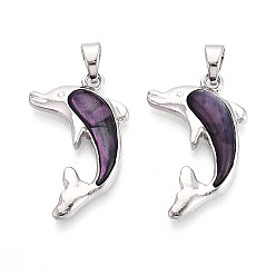 Сине-фиолетовый Подвески из сплава и окрашенных натуральных раковин морского ушка, прелести дельфинов, платина, синий фиолетовый, 30~30.5x19~19.5x4 мм, отверстие : 6.5x4 мм