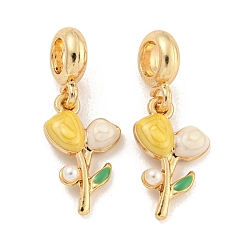 Желтый Стойка покрытие сплав эмаль цветок европейские подвески с подвесками, Подвески с большими отверстиями и бусинами из искусственного жемчуга из АБС-пластика, золотые, без кадмия, без никеля и без свинца, желтые, 29 мм, отверстие : 4.6 мм, Цветок: 19x11.5x4 мм